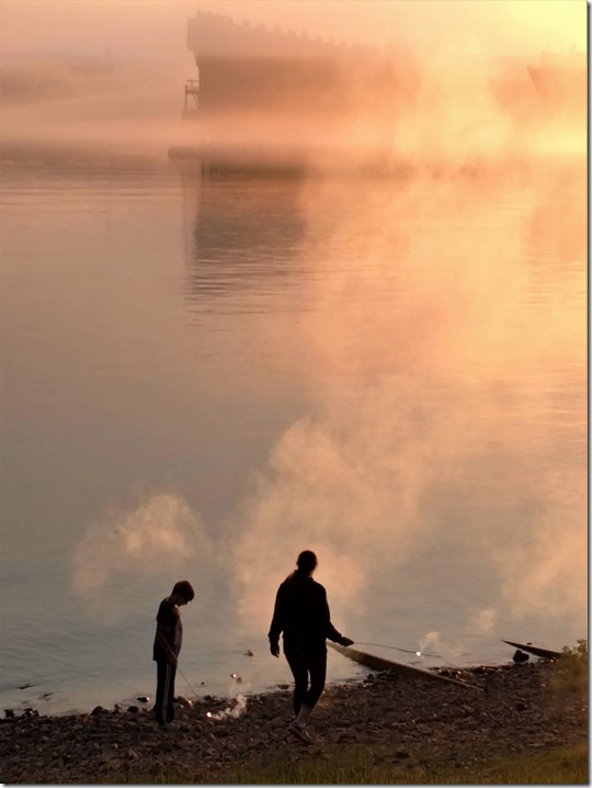 Kris and Kee on the shore with fireworks fog 7.4.18